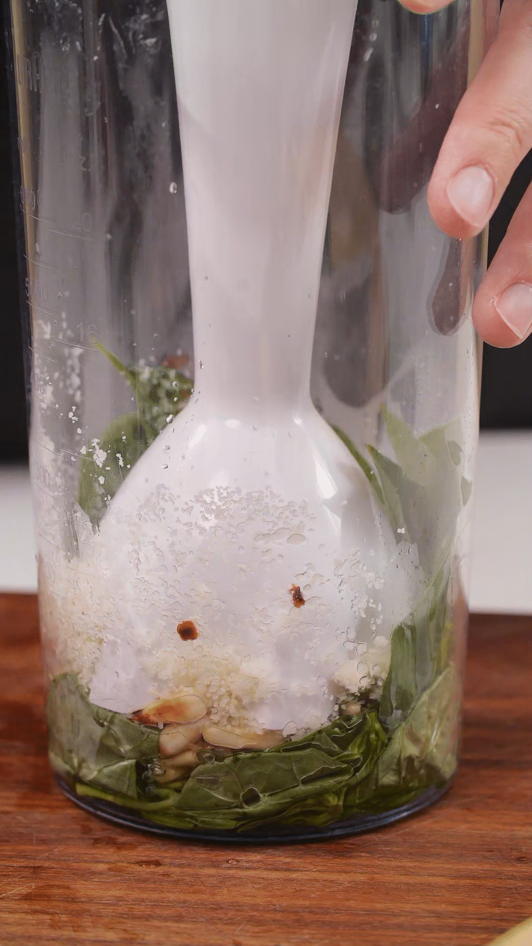 加入松子、現(xiàn)磨芝士碎、大蒜、鹽和檸檬汁、橄欖油，用手持料理機(jī)攪打細(xì)膩均勻
